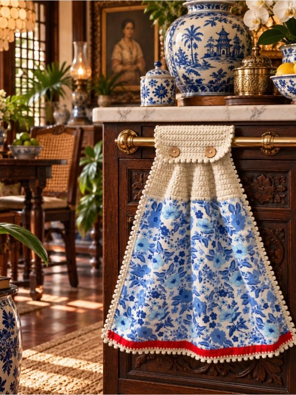 Pioneer Woman Handmade Crochet Hanging Kitchen Towel Blue Floral